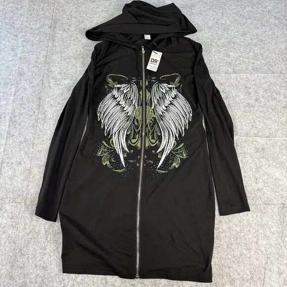 INAWLY Dresses & Skirts - INAWLY Black Angel Wing Rhinestone Hooded Zip Mini Dress Womens S NWT Goth Y2K
